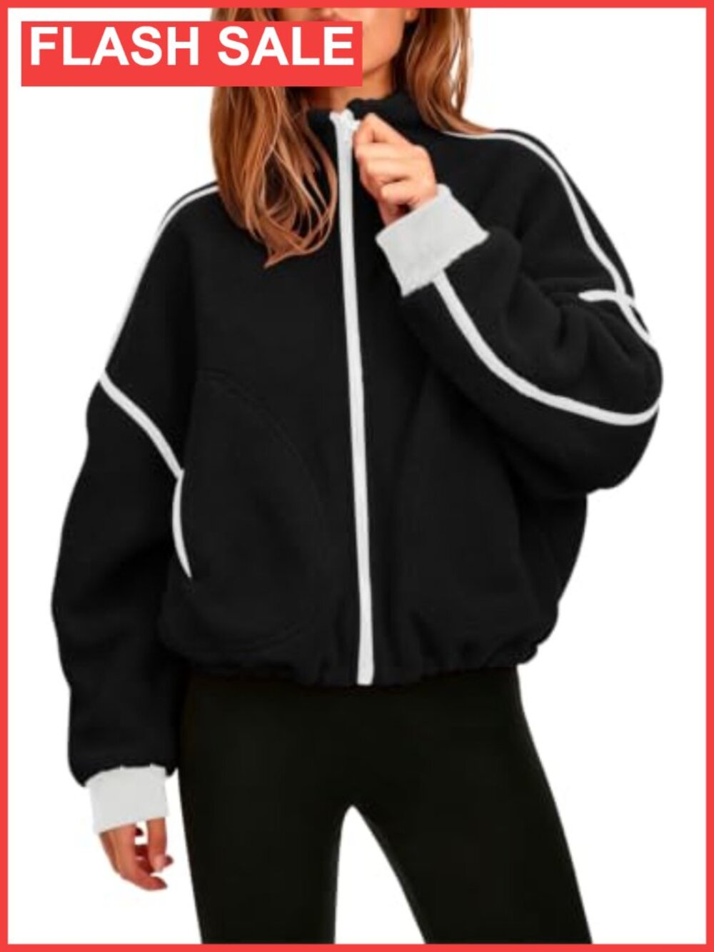 Fleece Jacket Cropped Full-Zip Sherpa Stand Collar Warm Outerwear with Pockets